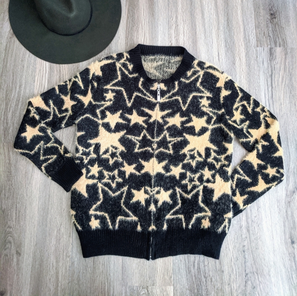 Black & Gold Fuzzy Star Print Zip Up Sweater M